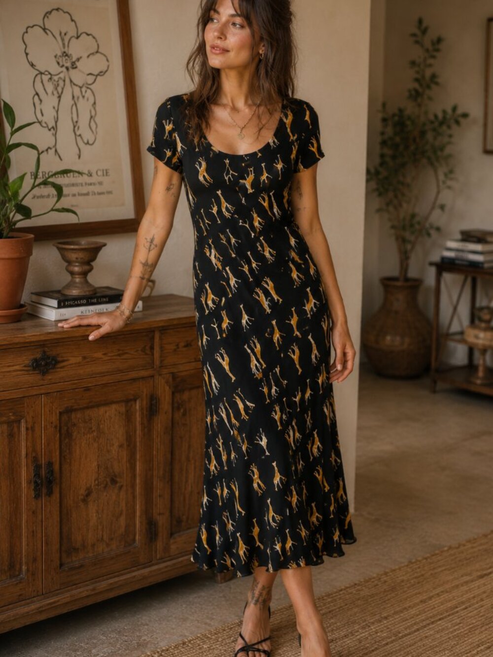 Vtg Jessica Howard Midi / Maxi Dress XS Giraffe Animal Safari Art Teacher 90s